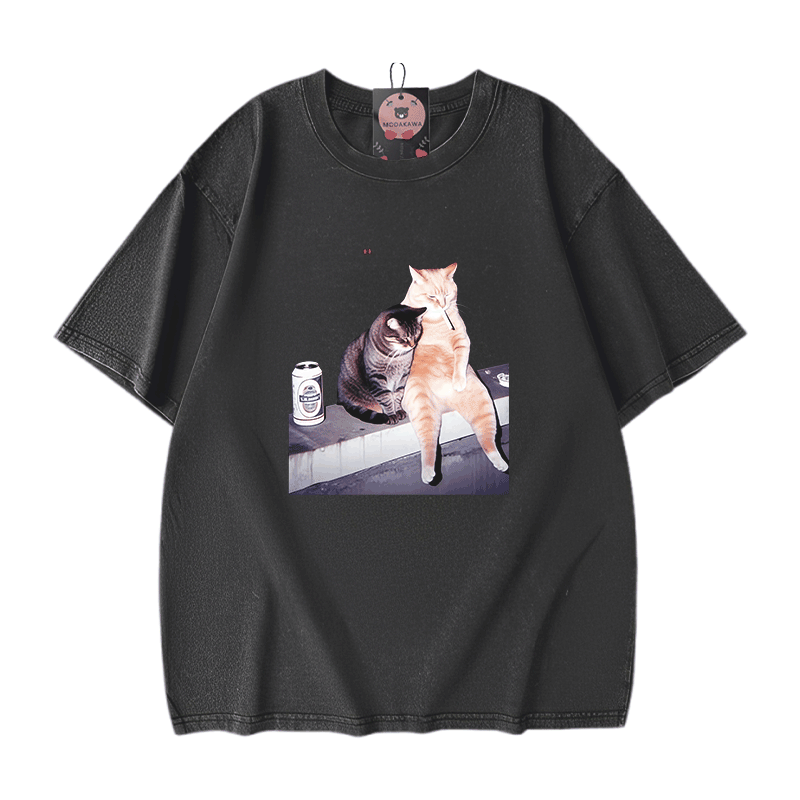 喫煙猫グラフィックModakawaユニセックス ヴィンテージウォッシュドTシャツ - Black - 5XL - image 2