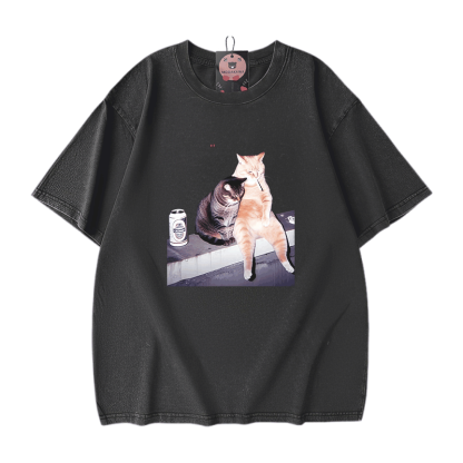 喫煙猫グラフィックModakawaユニセックス ヴィンテージウォッシュドTシャツ - Black - 5XL - image 2