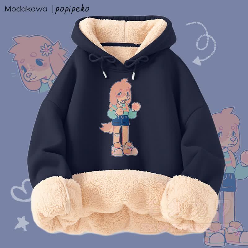 MODAKAWA X popipeko キュートな子犬のグラフィック 厚手裏起毛冬パーカー - 紫がかった青 - 2XL - image 4