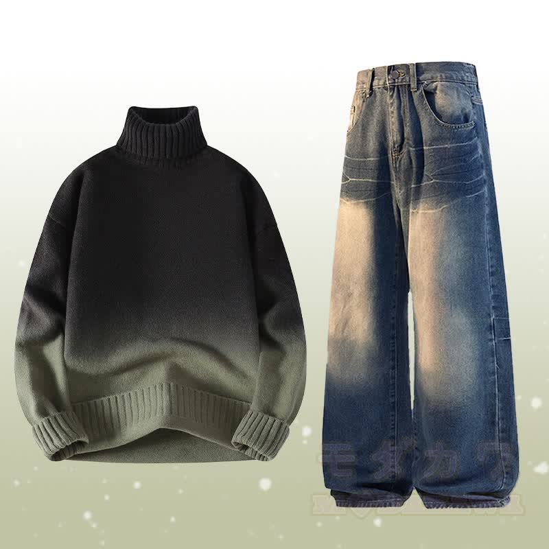 グラデーションニットタートルネックセーターデニムパンツツーピース - セットC - 3XL - image 3