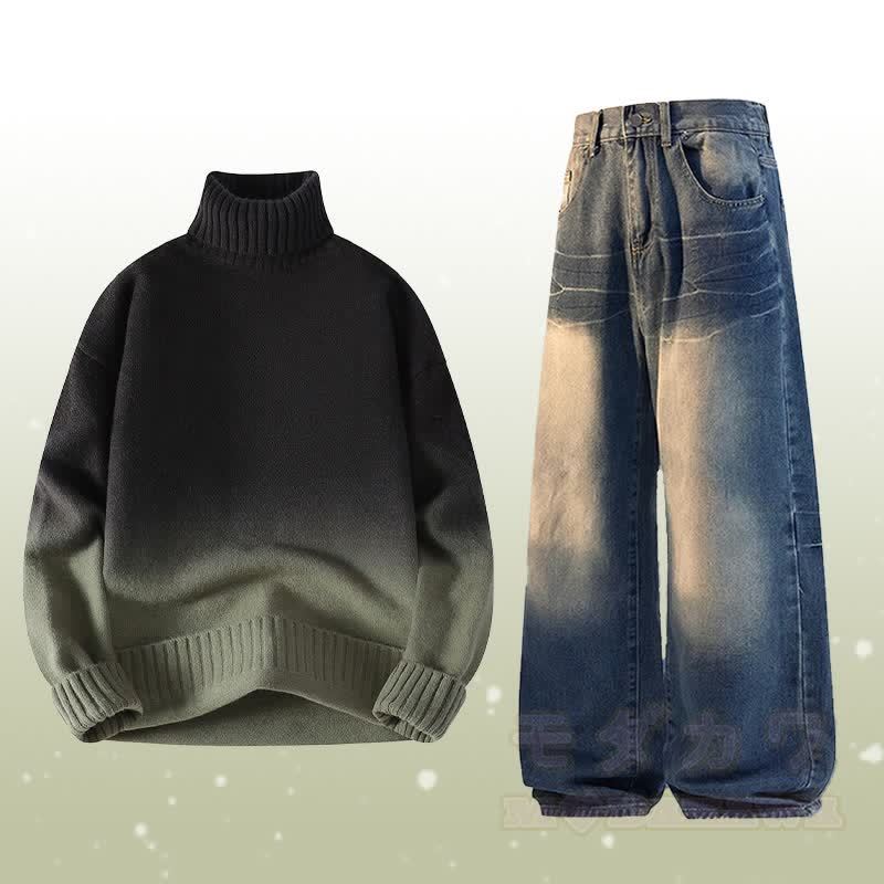 グラデーションニットタートルネックセーターデニムパンツツーピース - セットC - 3XL - image 3