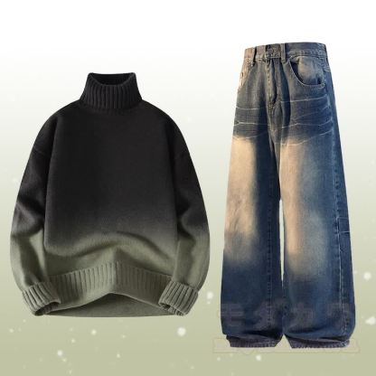 グラデーションニットタートルネックセーターデニムパンツツーピース - セットC - 3XL - image 3
