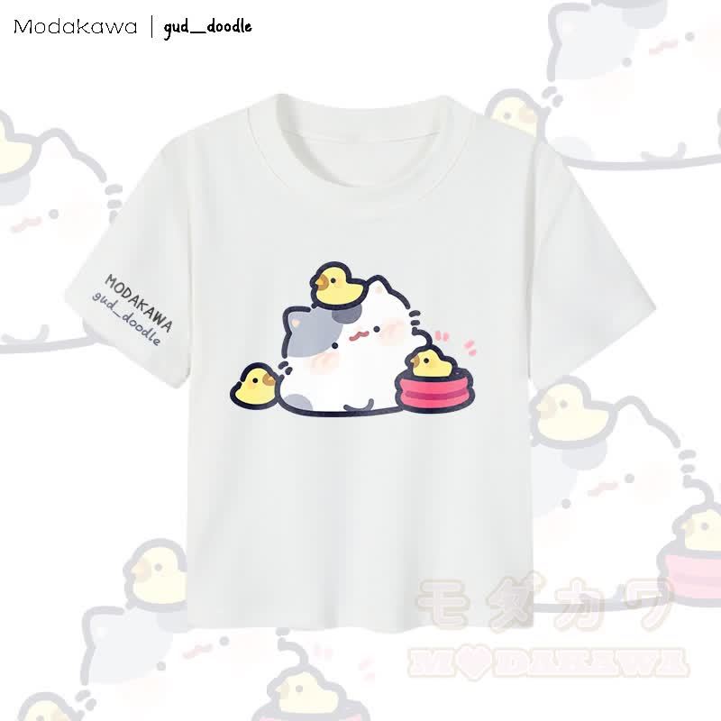 MODAKAWA x gud_doodleキティチック グラフィック レディース クロップドTシャツ 92% コーマ綿クロップトップ - 白 - XL - image 4