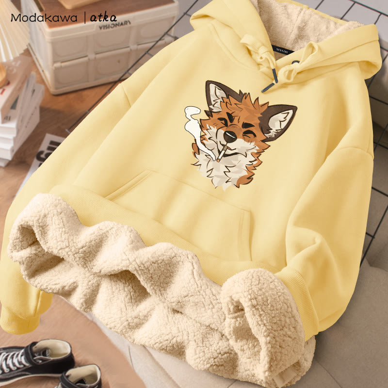 MODAKAWA X atka Fox スモーキンググラフィック 厚手裏起毛冬パーカー - Yellow - 2XL - image 4