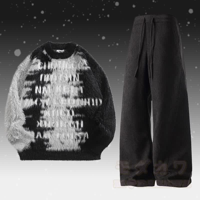 レターファジーカラーブロックセーターコーデュロイパンツツーピース - セットC - 2XL - image 3