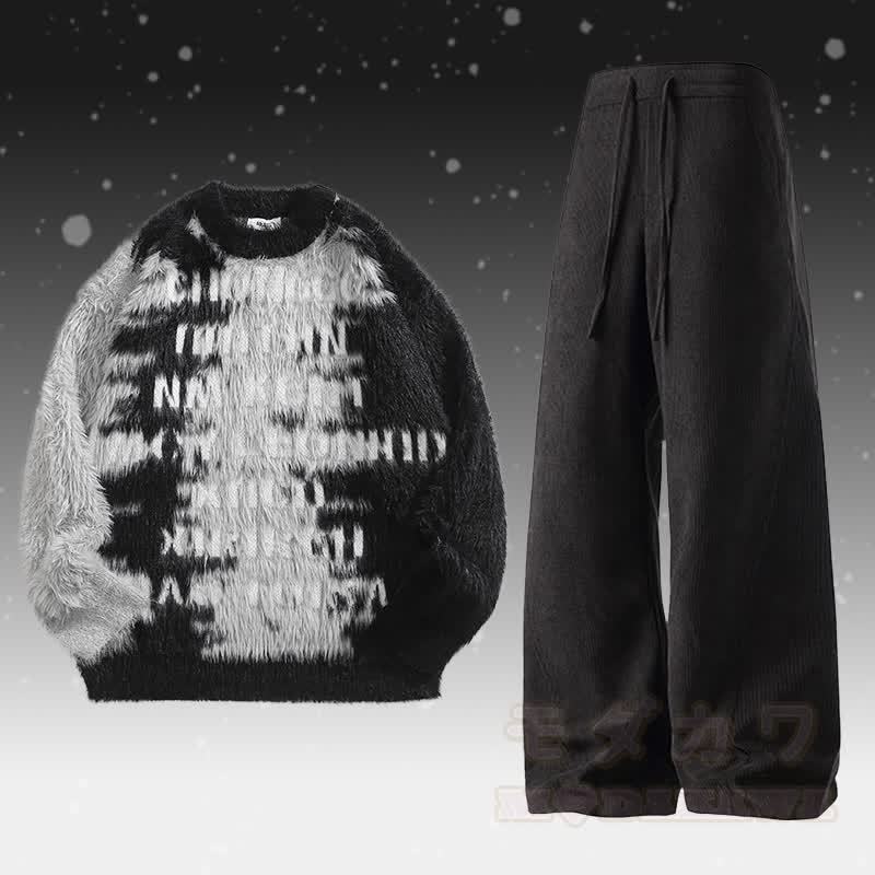 レターファジーカラーブロックセーターコーデュロイパンツツーピース - セットC - 2XL - image 3