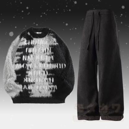 レターファジーカラーブロックセーターコーデュロイパンツツーピース - セットC - 2XL - image 3