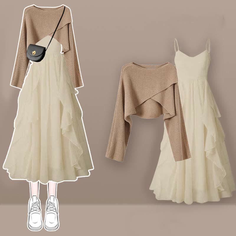クロスニットセーターのフリル付きスリップドレスのマッチングアウトフィット - Khaki Set - XL - image 1