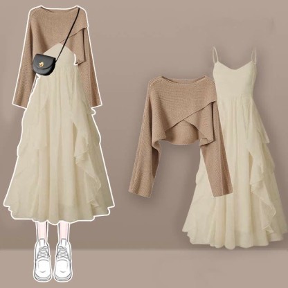 クロスニットセーターのフリル付きスリップドレスのマッチングアウトフィット - Khaki Set - XL - image 1