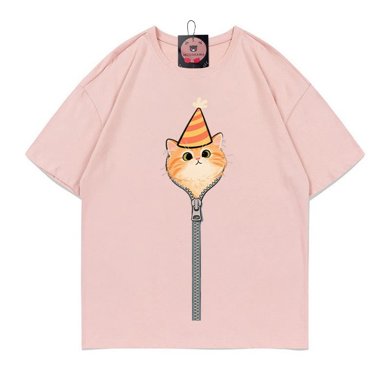 キティジッパープリント100%綿ModakawaTシャツ - Pink - 5XL - image 3