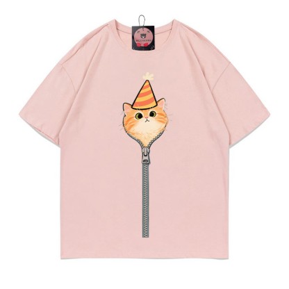 キティジッパープリント100%綿ModakawaTシャツ - Pink - 5XL - image 3