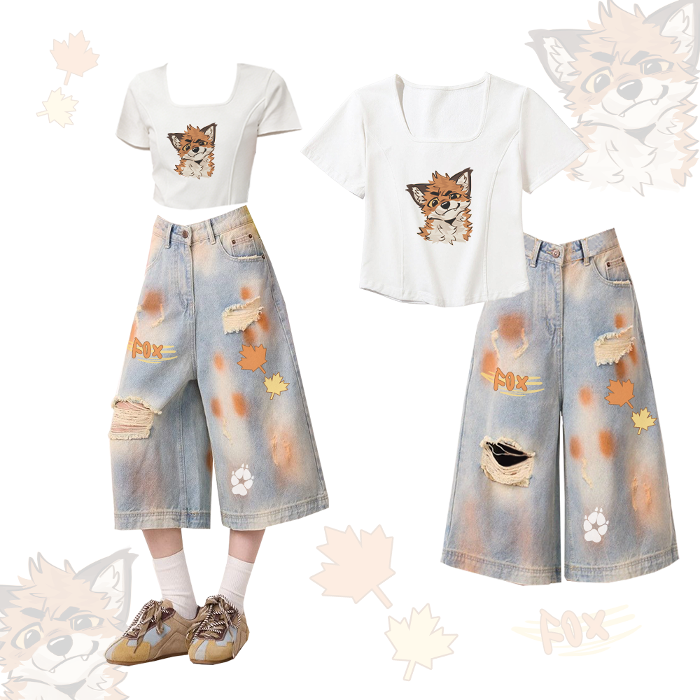 MODAKAWA × atka Fox グラフィック スクエアネック Tシャツ ダメージ加工クロップドデニムジーンズ ツーピースセット - White & Blue - XL - image 2
