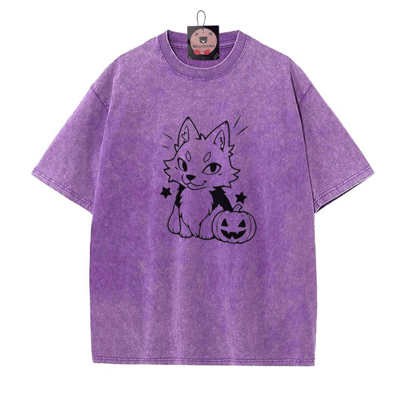 遊び心のあるキツネのパンプキングラフィック ユニセックス ヴィンテージ ウォッシュTシャツ - Purple - 5XL - image 7