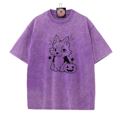 遊び心のあるキツネのパンプキングラフィック ユニセックス ヴィンテージ ウォッシュTシャツ - Purple - 5XL - image 7