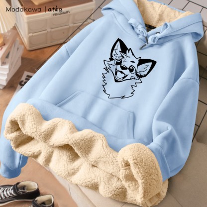 MODAKAWA X atka 遊び心のあるフォックスグラフィック 厚手裏起毛冬パーカー - Blue - 2XL - image 3