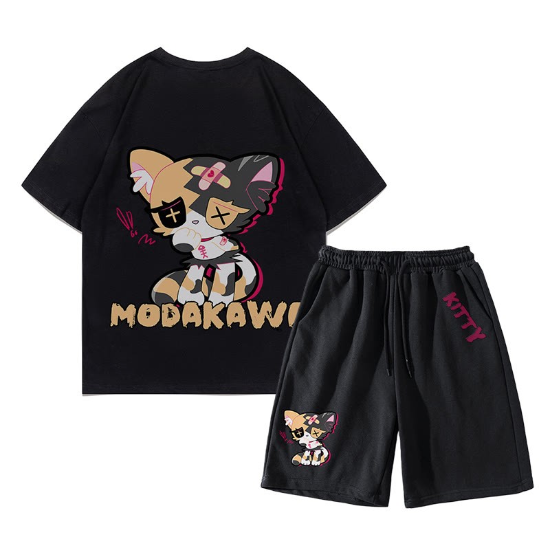 悲しいキティのグラフィックダーク美的Tシャツショーツ2点セット - 黒 - あ - 5XL - image 13