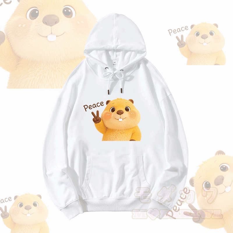 PEACE カピバラ グラフィックModakawaルーズ コットンブレンド フーディー - 白 - 5XL - image 3