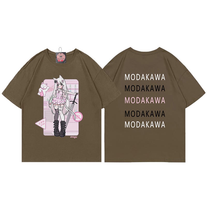 MODAKAWA X airii.exeキティガールレタープリント100%綿Tシャツ - Brown - 5XL - image 5
