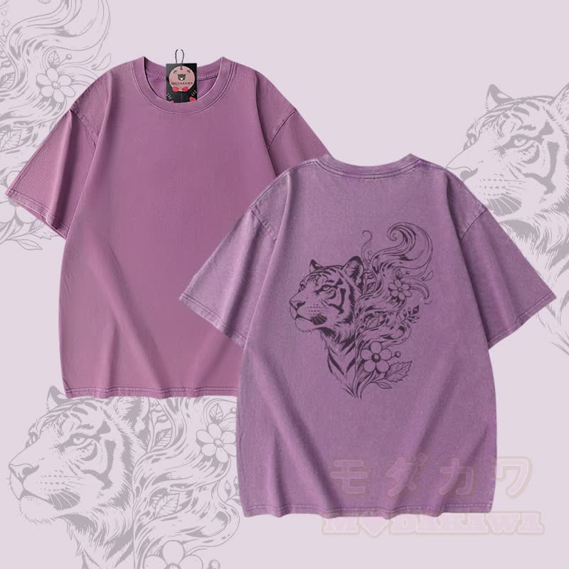 タイガーフローラルグラフィックModakawaユニセックス ヴィンテージウォッシュTシャツ - 紫 - 5XL - image 4