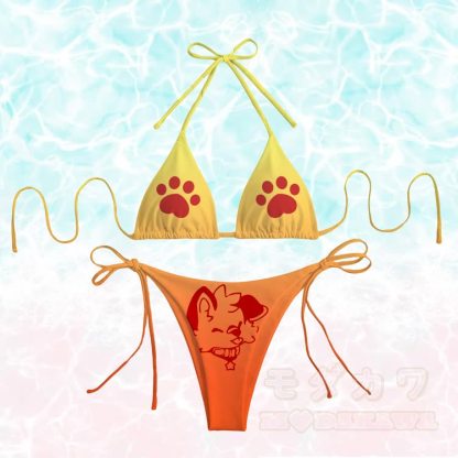 MODAKAWA × popipeko 舌出し子犬の足跡グラフィック レディース グラデーション水着 タイビキニセット - 黄色とオレンジ - 4XL - image 4
