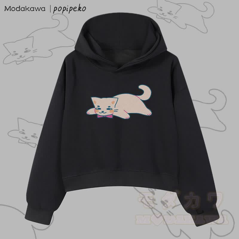 MODAKAWA X popipeko レイジーキャットグラフィック クロップド綿パーカー - 黒 - 3XL - image 5