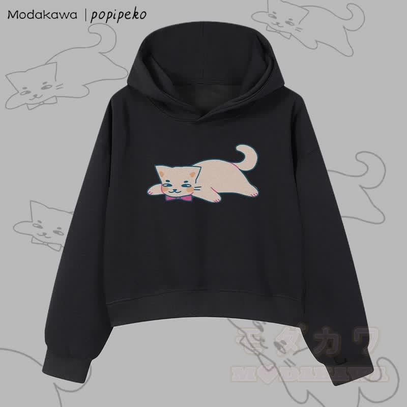 MODAKAWA X popipeko レイジーキャットグラフィック クロップド綿パーカー - 黒 - 3XL - image 5