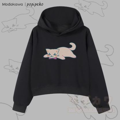 MODAKAWA X popipeko レイジーキャットグラフィック クロップド綿パーカー - 黒 - 3XL - image 5