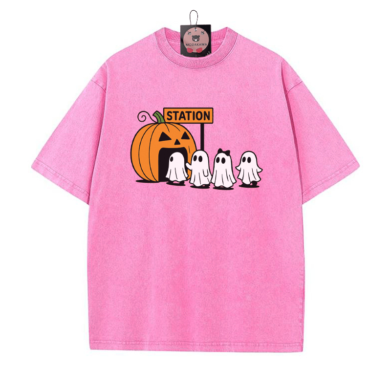 パンプキンゴーストプリント ヴィンテージウォッシュTシャツ - ローズレッド - 5XL - image 6