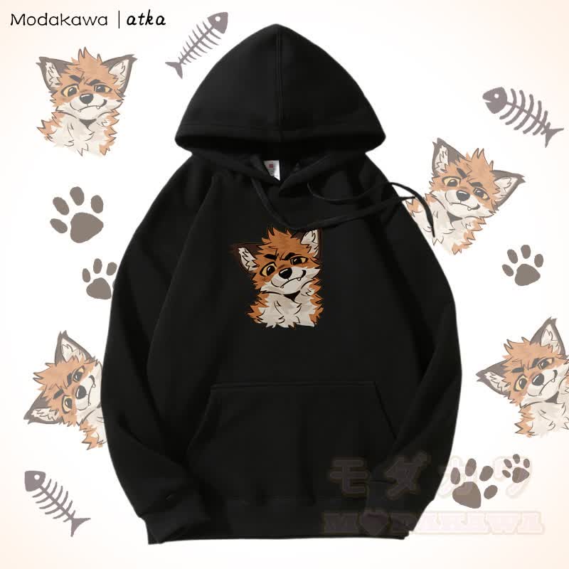 面白いキツネのグラフィックフリース裏地パーカー - 黒 - 5XL - image 9