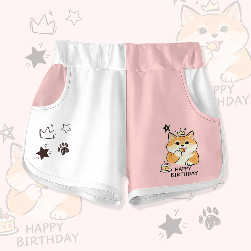 HAPPYバースデー かわいい猫ケーキ グラフィックModakawaカラーブロックショーツ - White & Pink - 5XL - image 2