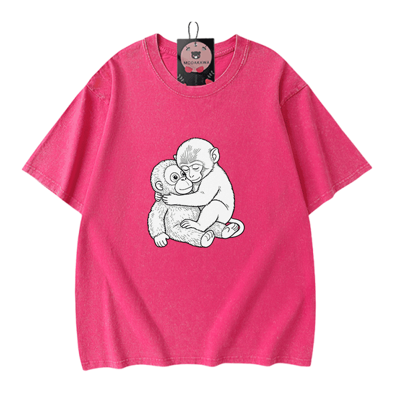 モンキーハグ グラフィックModakawaヴィンテージウォッシュ100%綿Tシャツ - Rose Red - 5XL - image 5