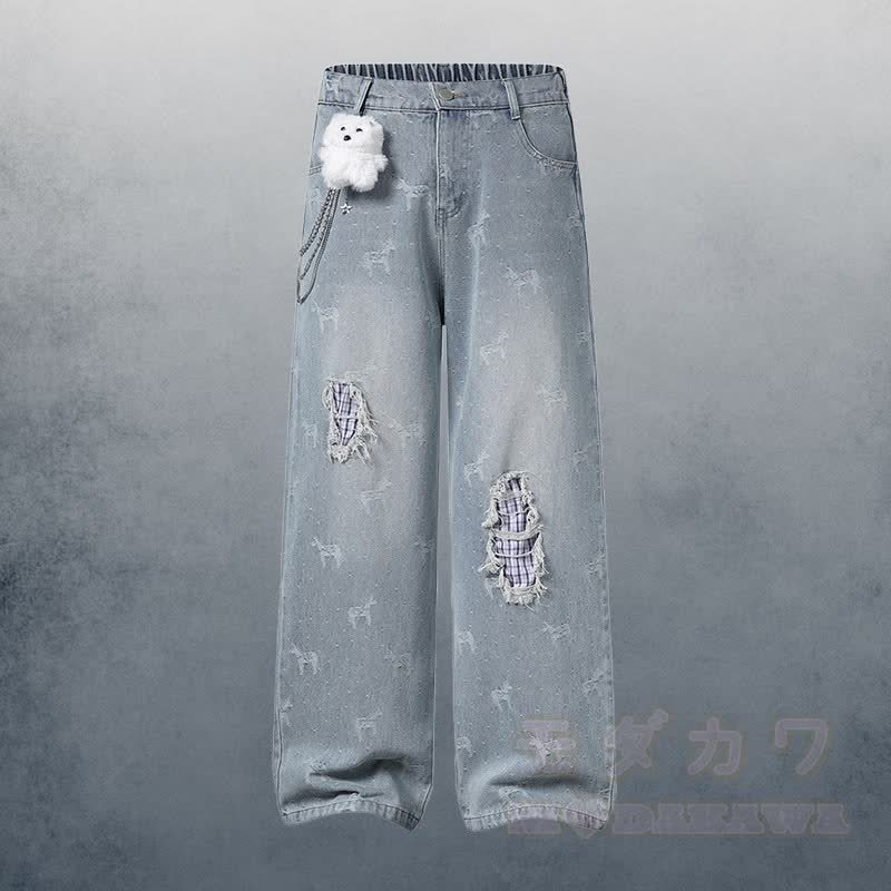 水玉模様の星柄ポロシャツ、3Dベアチェーン、ダメージデニムパンツ、Modakawaのセットアップ - 青いパンツ - XL - image 4