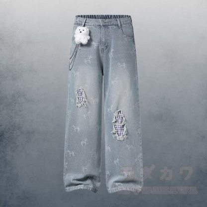 水玉模様の星柄ポロシャツ、3Dベアチェーン、ダメージデニムパンツ、Modakawaのセットアップ - 青いパンツ - XL - image 4