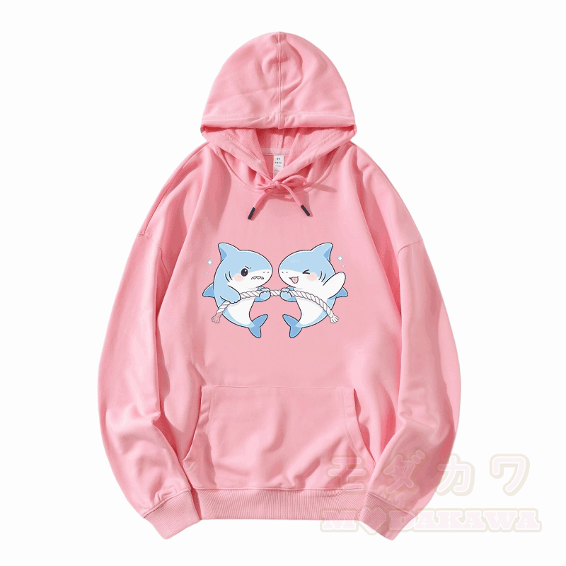 かわいいサメのゲームグラフィック入りModakawaゆったりコットンブレンドパーカー - ピンク - 5XL - image 4
