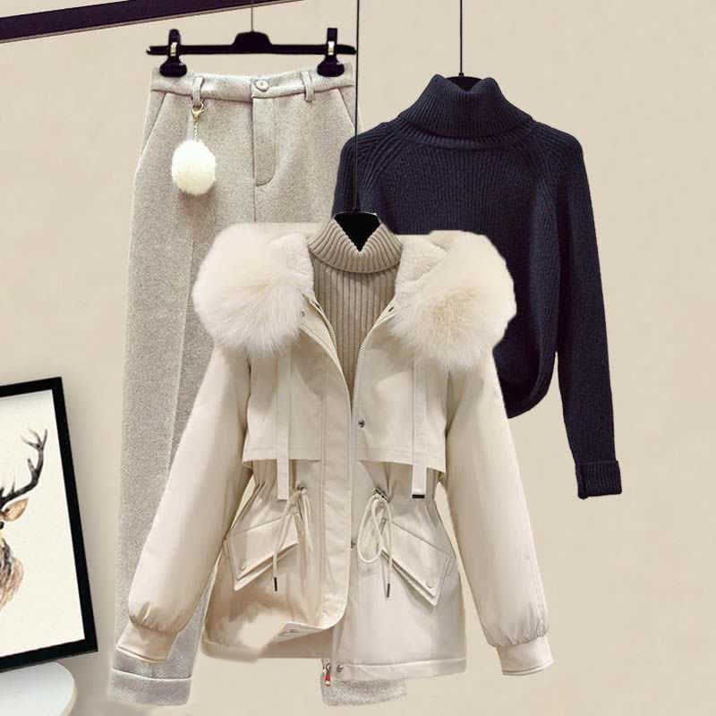 フリースフード付きコート、タートルネックセーター、カジュアルパンツのマッチングコーデ - Set C - 4XL - image 3