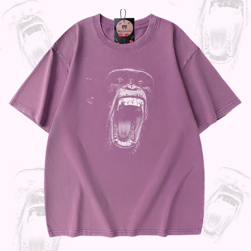 Roaring Ape グラフィックModakawaユニセックス ヴィンテージウォッシュ Tシャツ - Purple - 5XL - image 3