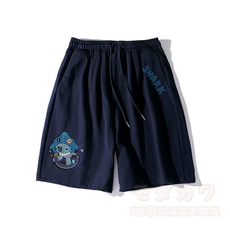 遊び心のあるサメのグラフィックがダークな美的ショートパンツ - 紫がかった青 - 5XL - image 6