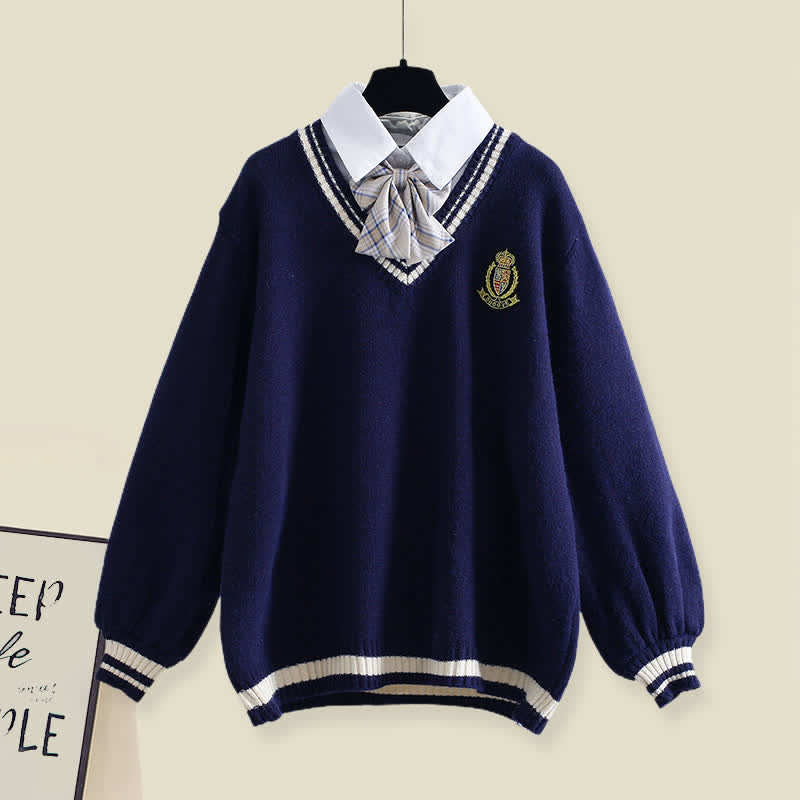 フェイクマッチング衣装 リボン装飾セーター プリーツスカート プラッシュパンツ マッチング衣装 - Purplish Blue Sweater - XL - image 8