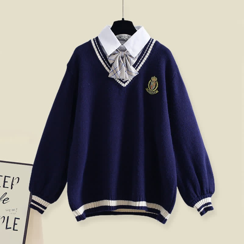 フェイクマッチング衣装 リボン装飾セーター プリーツスカート プラッシュパンツ マッチング衣装 - Purplish Blue Sweater - XL - image 8