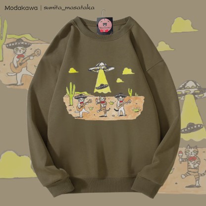 MODAKAWA X sumita_masataka キャットバンドとUFOグラフィック ユニセックス スウェットシャツ - Dark Khaki - 5XL - image 2