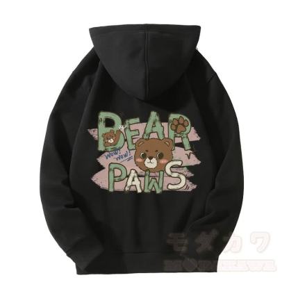 BEAR PAWS キュートなクマのグラフィック フリース裏地 ジップアップ パーカー スウェットシャツ - 黒 - 5XL - image 5