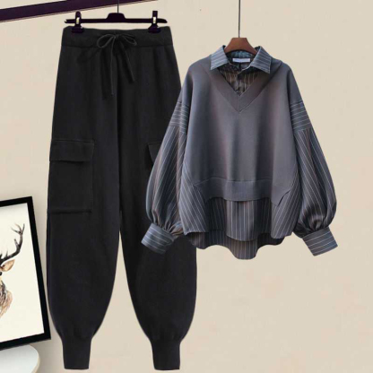 ストライプラペルシャツとレースアップパンツのカジュアルマッチングアウトフィット - Gray Shirt+Black Pants - 4XL - image 1