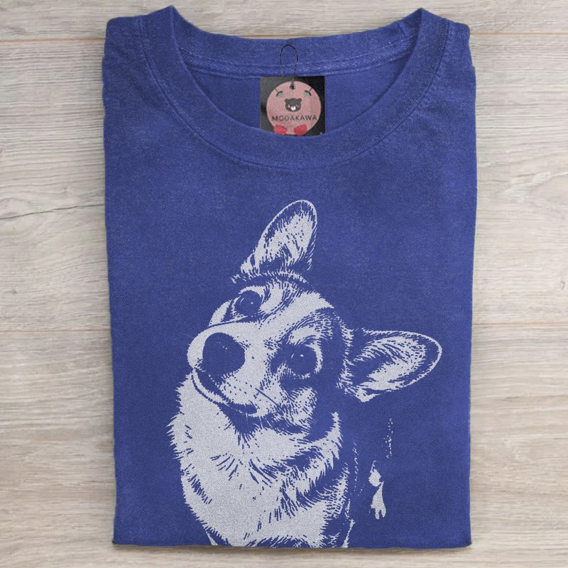 MODAKAWA コーギー グラフィック ユニセックス ヴィンテージ ウォッシュ加工 Tシャツ - Blue - 5XL - image 2