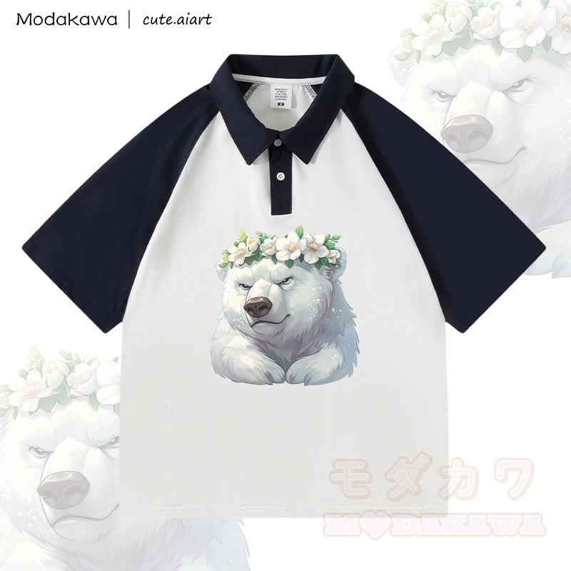 MODAKAWA × cute.aiart 花柄クマ柄100%綿ポロシャツ - 白と紫がかった青 - 4XL - image 3