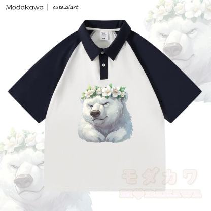 MODAKAWA × cute.aiart 花柄クマ柄100%綿ポロシャツ - 白と紫がかった青 - 4XL - image 3