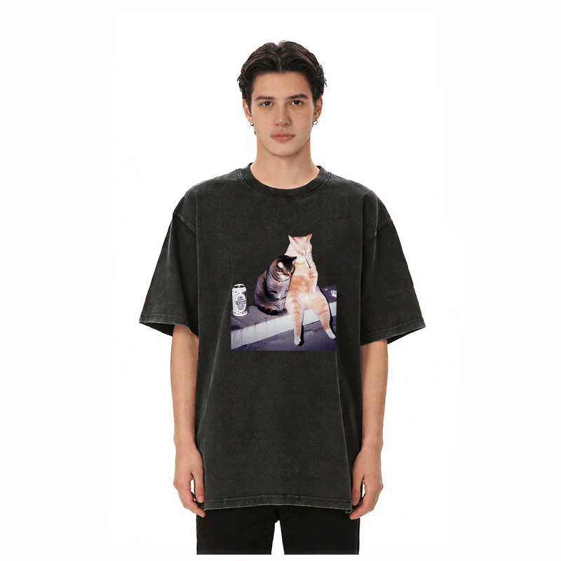 喫煙猫グラフィックModakawaユニセックス ヴィンテージウォッシュドTシャツ - image 3