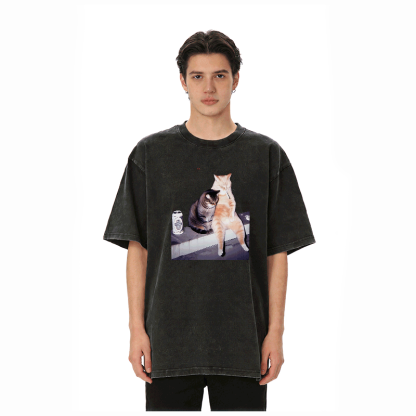 喫煙猫グラフィックModakawaユニセックス ヴィンテージウォッシュドTシャツ - image 3