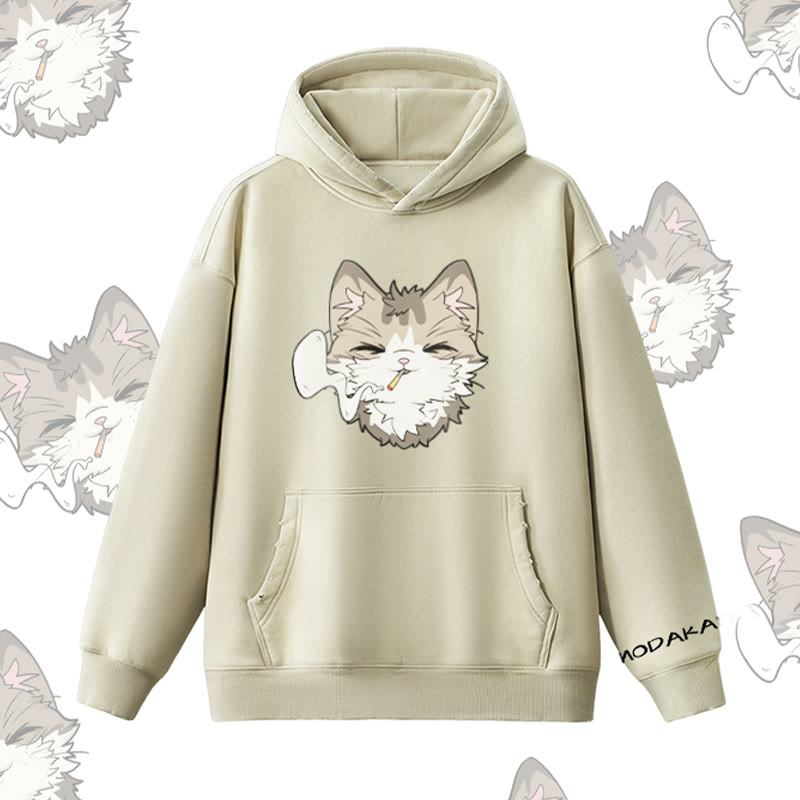 MODAKAWA スモーキングキャットグラフィック ヴィンテージウォッシュドフリース裏毛パーカー - Beige - 2XL - image 8