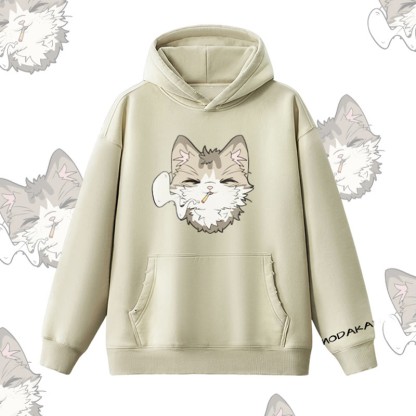 MODAKAWA スモーキングキャットグラフィック ヴィンテージウォッシュドフリース裏毛パーカー - Beige - 2XL - image 8