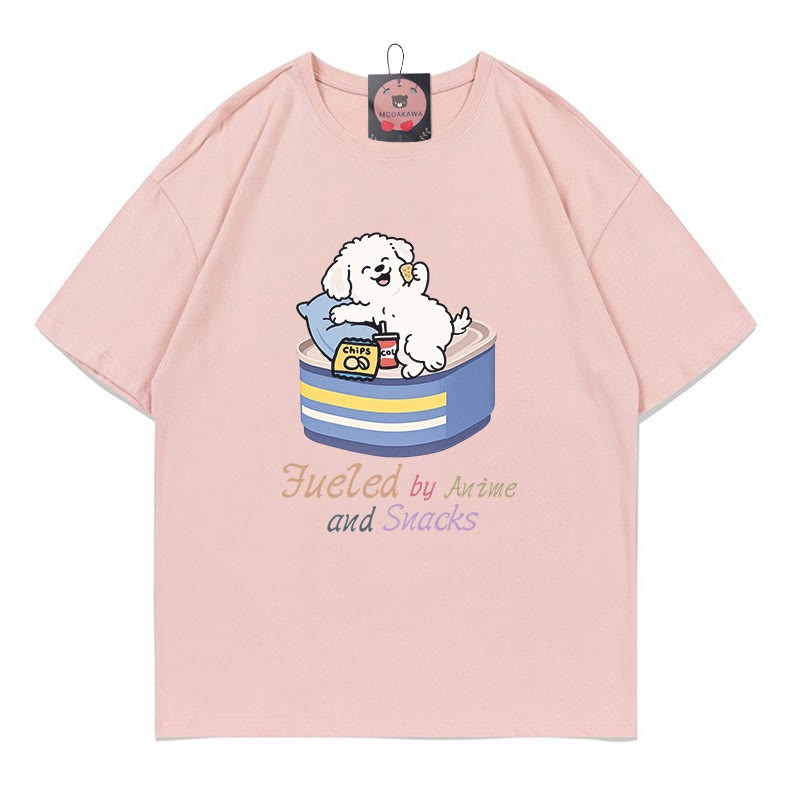 FUELED BY ANIME AND SNACKS子犬プリントの100%綿ModakawaTシャツ - Pink - 5XL - image 3